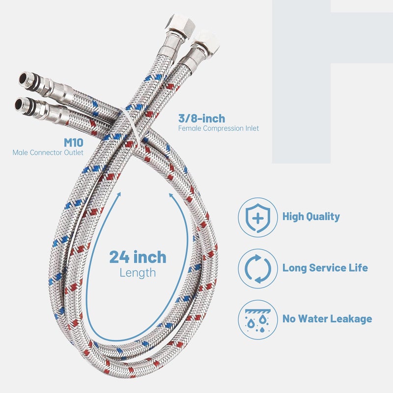 BWE 24-Inch Long Faucet Connector Braided Stainless Steel Supply Hose 3/8-Inch Female Compression Thread x M10 Male Connector, x 2 Pcs (1 Pair) - Image 2